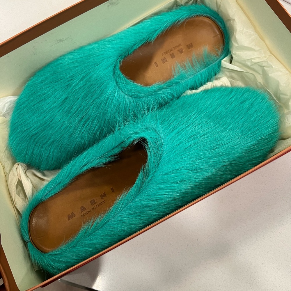 Marni Men’s Turquoise Fur Slip-On Shoes